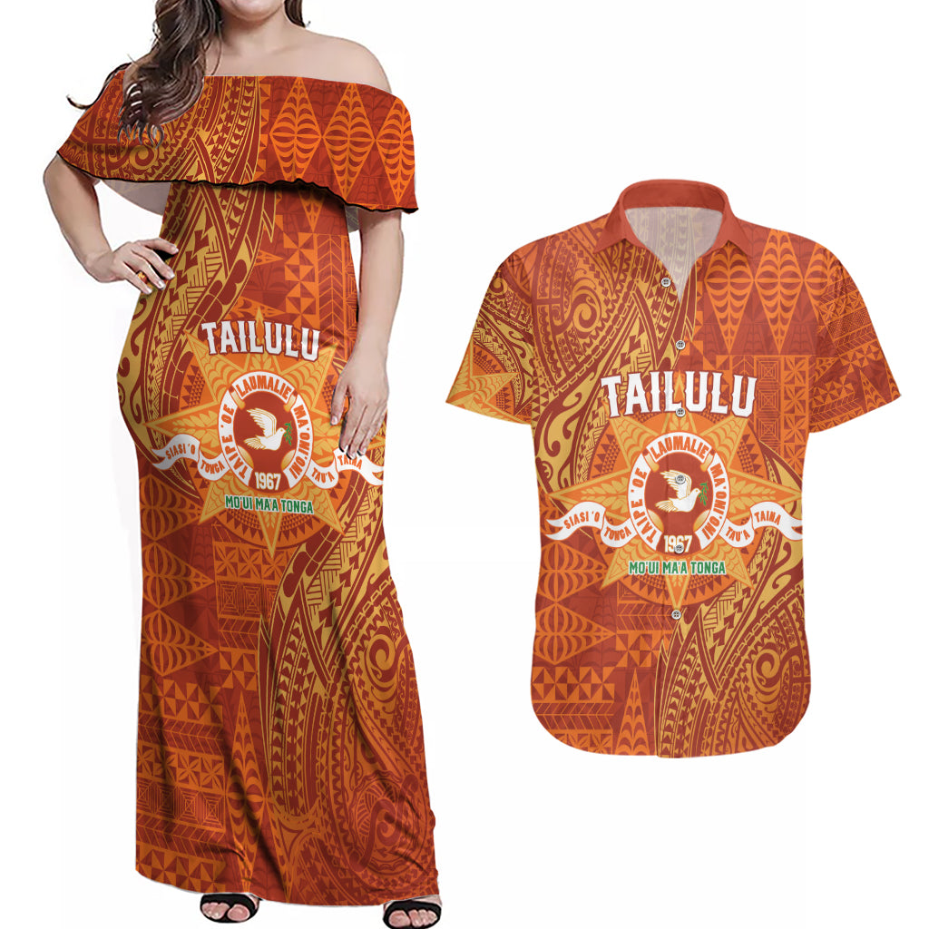 Personalised Tonga Tailulu College Couples Matching Off Shoulder Maxi Dress and Hawaiian Shirt Since 1967 Special Kupesi Pattern Version 1