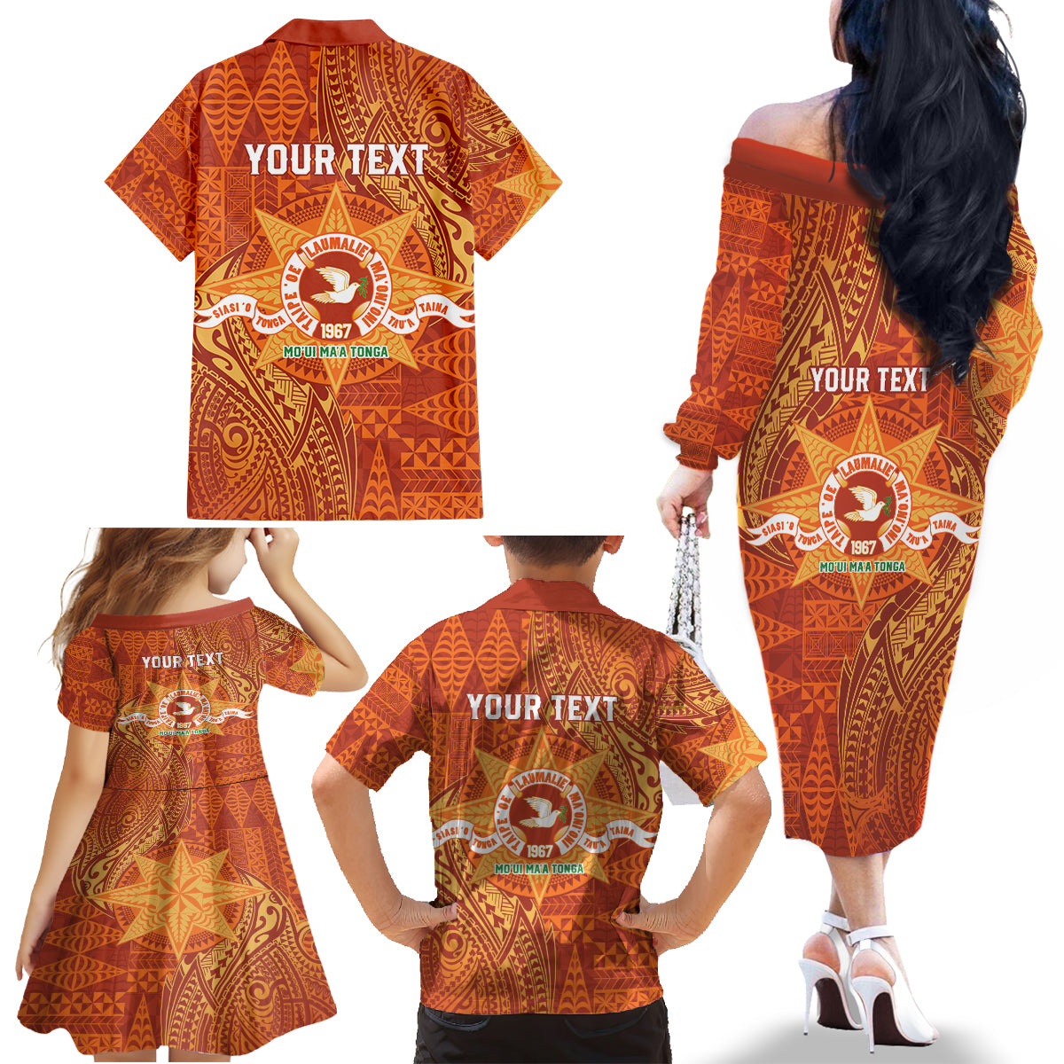 Personalised Tonga Tailulu College Family Matching Off The Shoulder Long Sleeve Dress and Hawaiian Shirt Since 1967 Special Kupesi Pattern Version 1