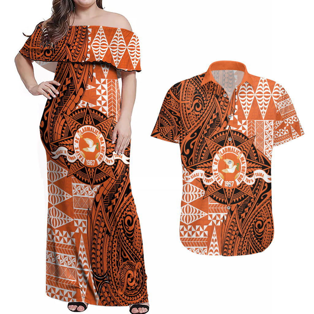 Personalised Tonga Tailulu College Couples Matching Off Shoulder Maxi Dress and Hawaiian Shirt Since 1967 Special Kupesi Pattern Version 2