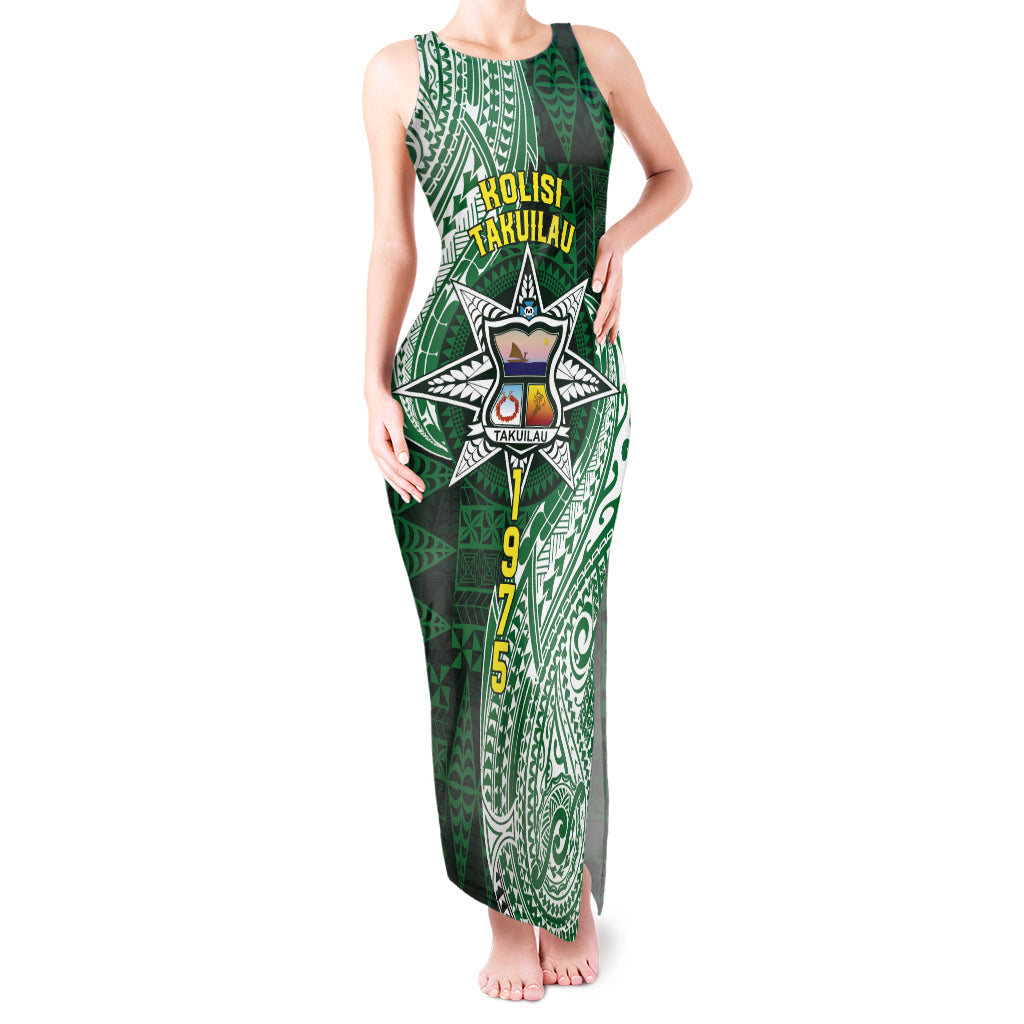 Personalised Tonga Takuilau College Tank Maxi Dress Since 1975 Special Kupesi Pattern LT9 Women Green - Polynesian Pride