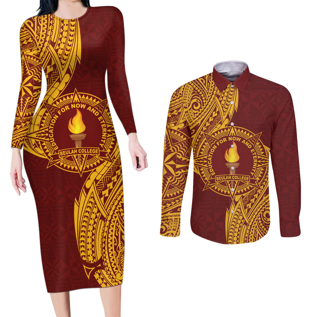 Personalised Tonga Beulah College Couples Matching Long Sleeve Bodycon Dress and Long Sleeve Button Shirt Since 1938 Special Kupesi Pattern