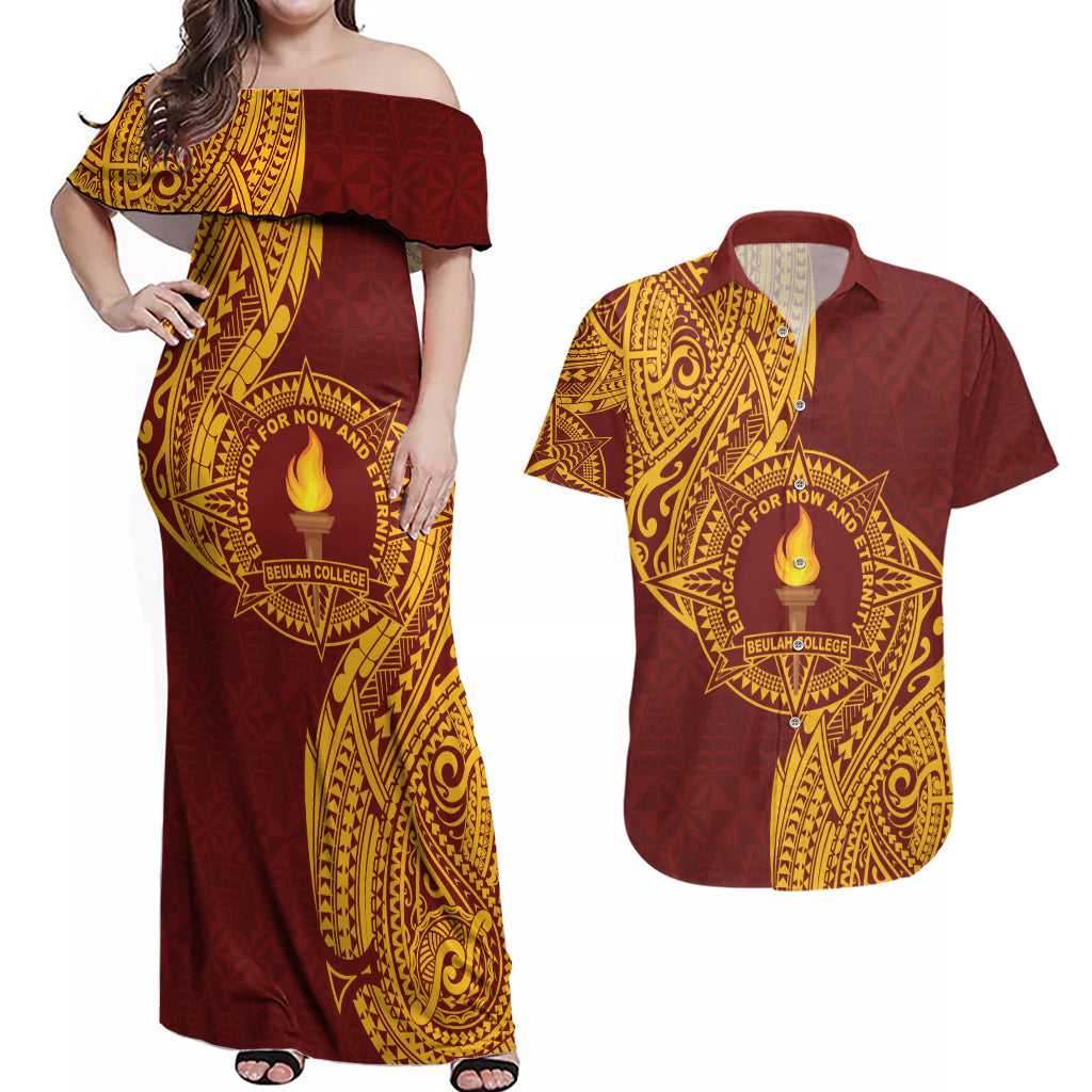 Personalised Tonga Beulah College Couples Matching Off Shoulder Maxi Dress and Hawaiian Shirt Since 1938 Special Kupesi Pattern