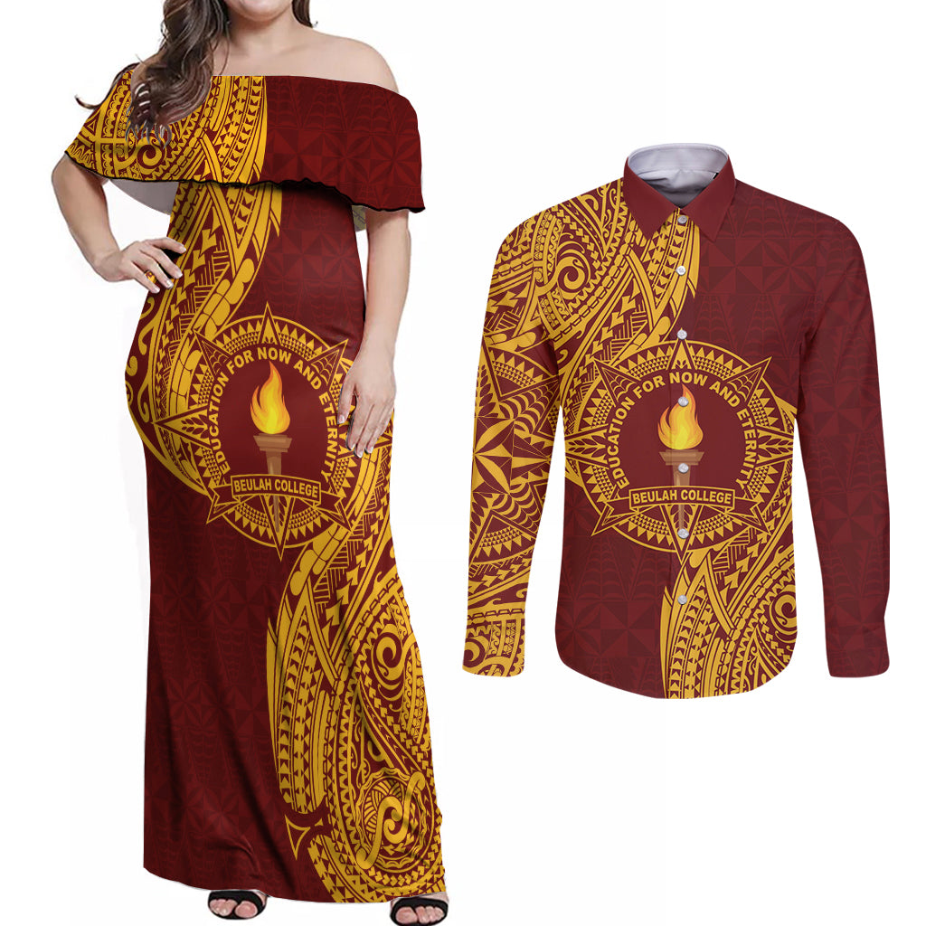 Personalised Tonga Beulah College Couples Matching Off Shoulder Maxi Dress and Long Sleeve Button Shirt Since 1938 Special Kupesi Pattern