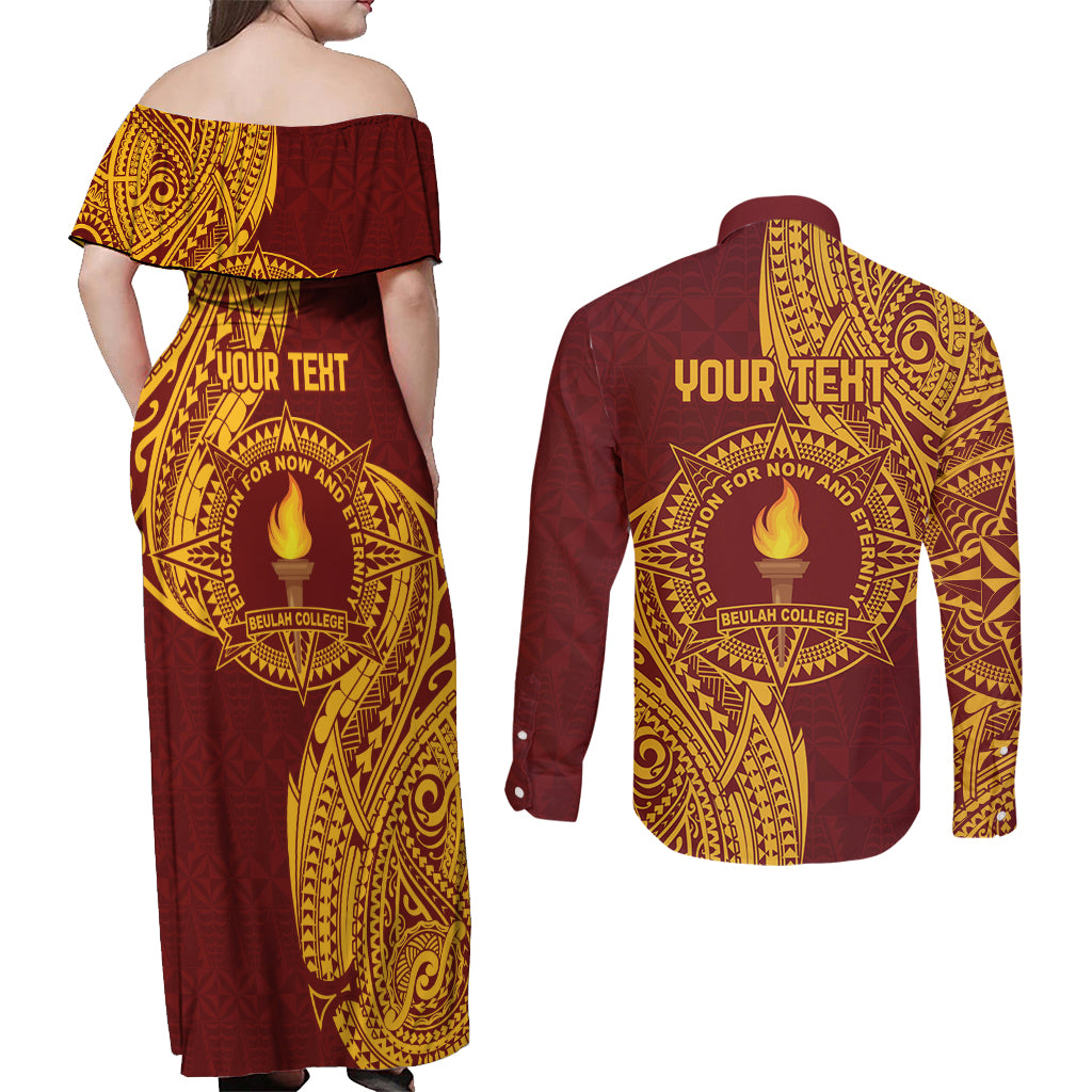 Personalised Tonga Beulah College Couples Matching Off Shoulder Maxi Dress and Long Sleeve Button Shirt Since 1938 Special Kupesi Pattern