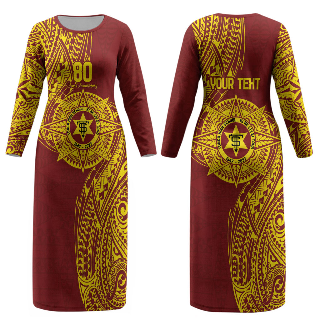 Personalised Tonga High School 80th Anniversary Couples Matching Long Sleeve Bodycon Dress and Long Sleeve Button Shirt Special Kupesi Pattern LT9 - Polynesian Pride