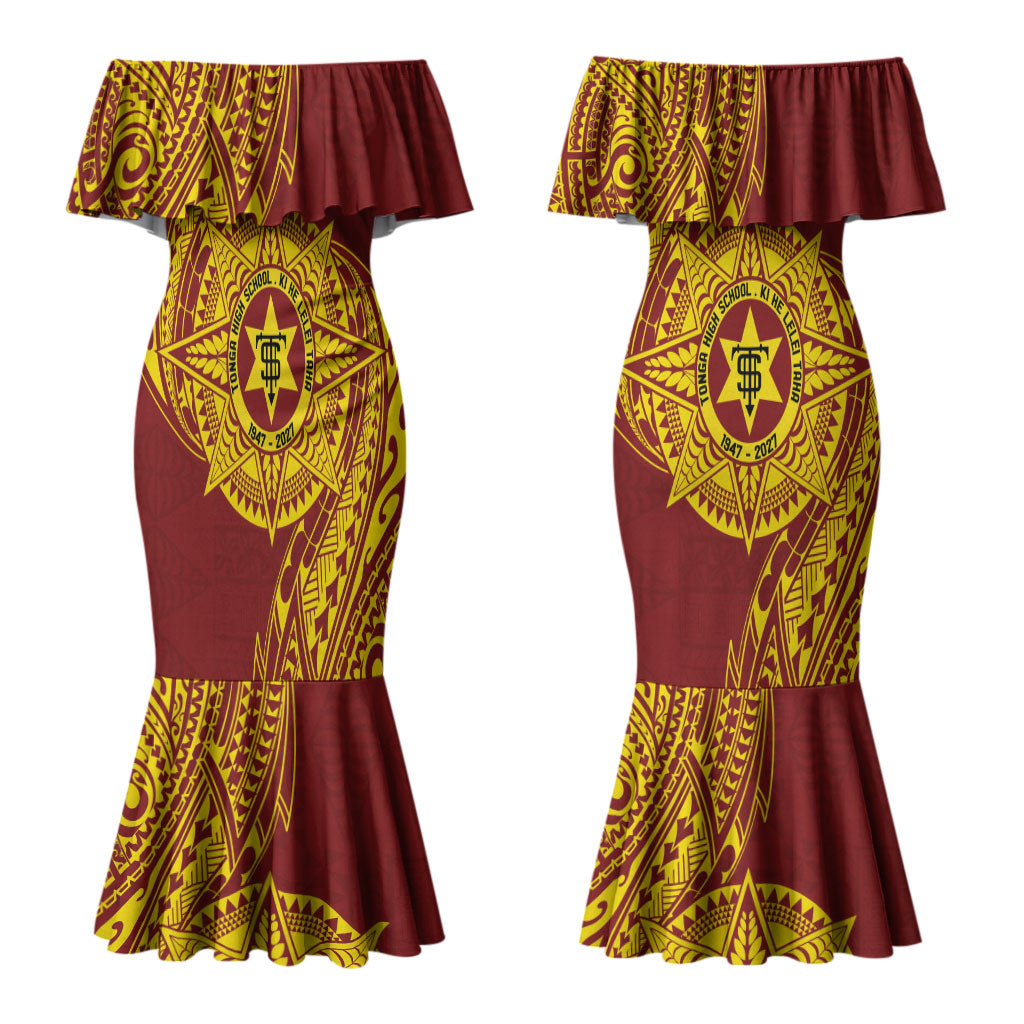 Personalised Tonga High School 80th Anniversary Couples Matching Mermaid Dress and Long Sleeve Button Shirt Special Kupesi Pattern LT9 - Polynesian Pride