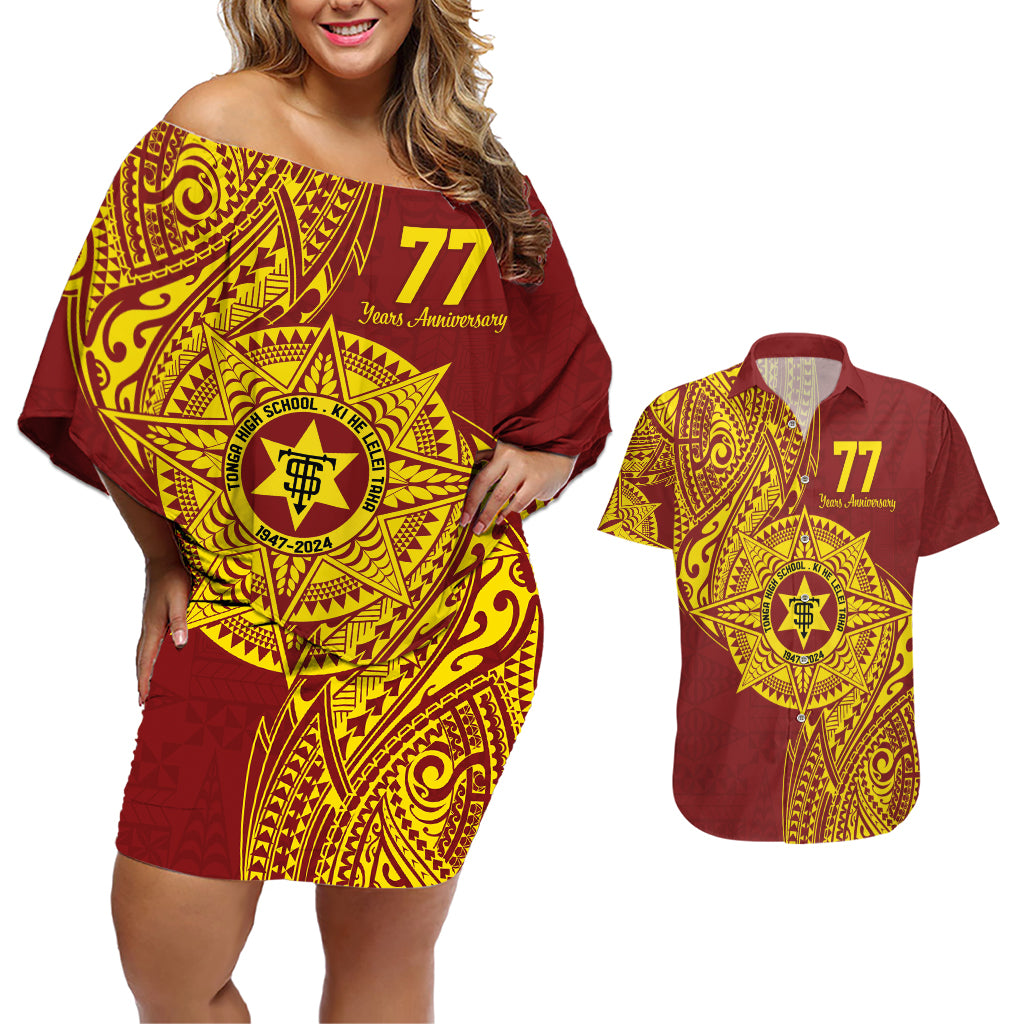 Personalised Tonga High School 77th Anniversary Couples Matching Off Shoulder Short Dress and Hawaiian Shirt Special Kupesi Pattern