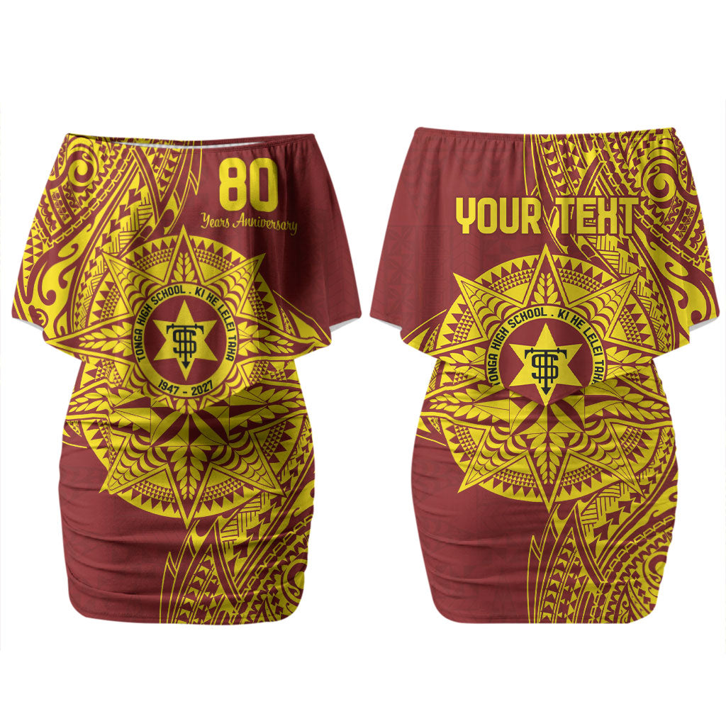 Personalised Tonga High School 80th Anniversary Couples Matching Off Shoulder Short Dress and Long Sleeve Button Shirt Special Kupesi Pattern LT9 - Polynesian Pride