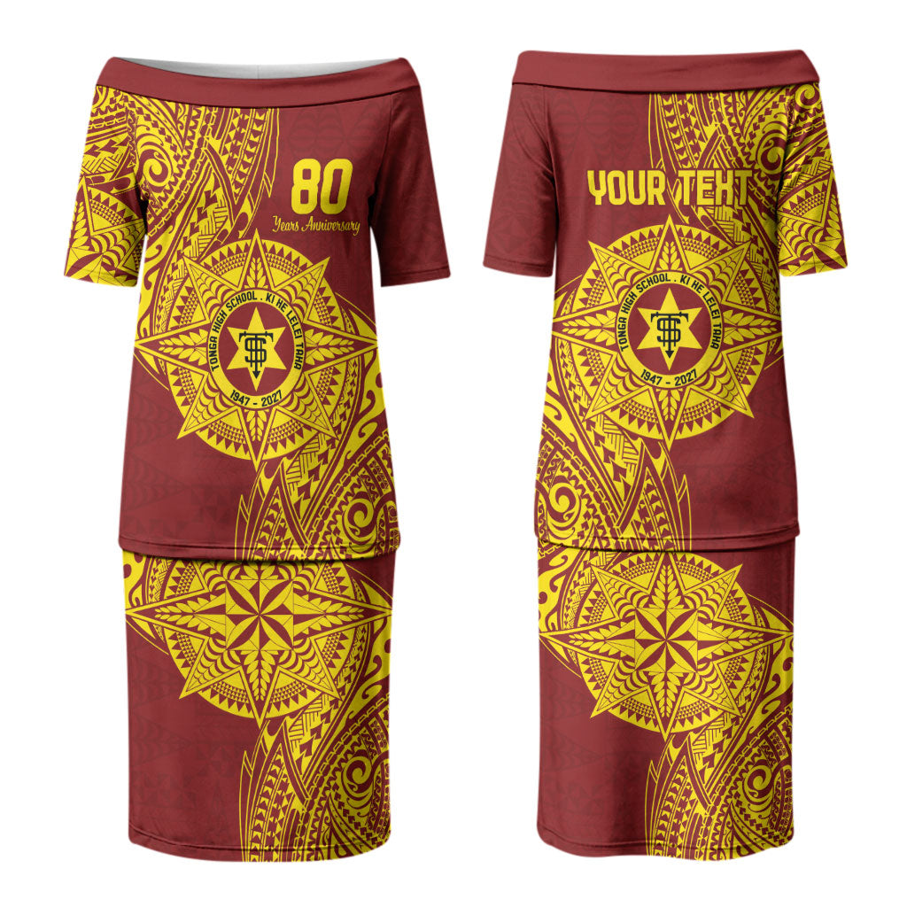 Personalised Tonga High School 80th Anniversary Couples Matching Puletasi and Long Sleeve Button Shirt Special Kupesi Pattern LT9 - Polynesian Pride