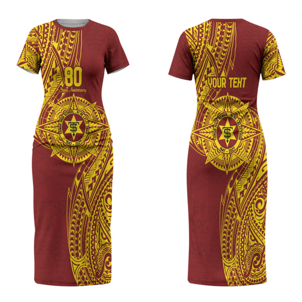 Personalised Tonga High School 80th Anniversary Couples Matching Short Sleeve Bodycon Dress and Long Sleeve Button Shirt Special Kupesi Pattern LT9 - Polynesian Pride
