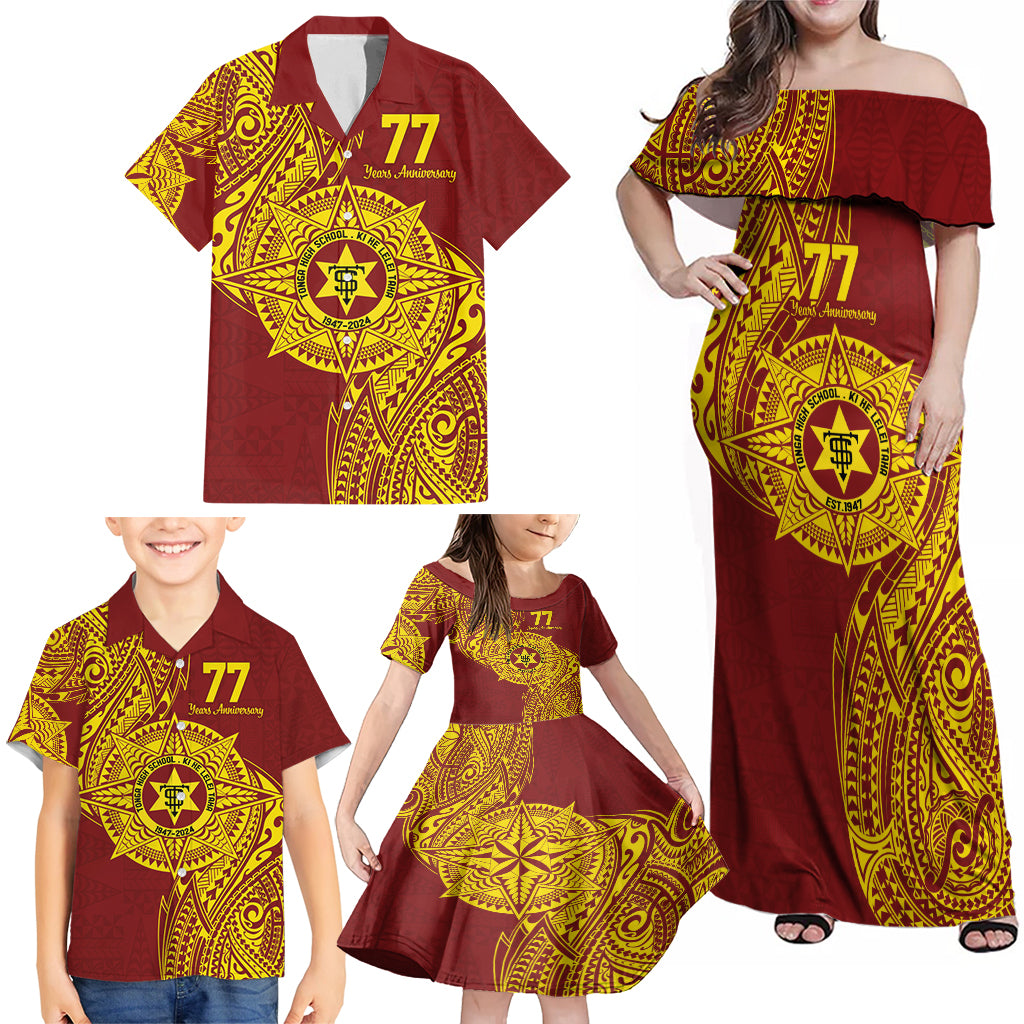 Personalised Tonga High School 77th Anniversary Family Matching Off Shoulder Maxi Dress and Hawaiian Shirt Special Kupesi Pattern