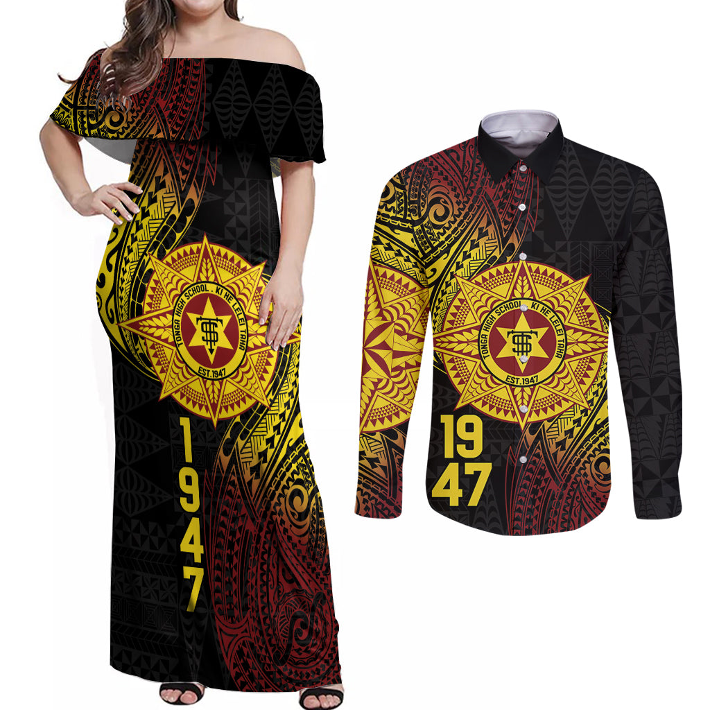 Personalised Tonga High School Couples Matching Off Shoulder Maxi Dress and Long Sleeve Button Shirt Since 1947 Special Kupesi Pattern