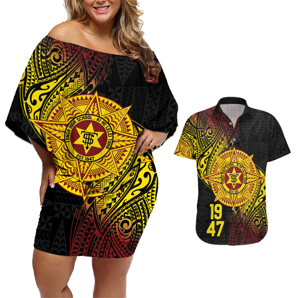 Personalised Tonga High School Couples Matching Off Shoulder Short Dress and Hawaiian Shirt Since 1947 Special Kupesi Pattern