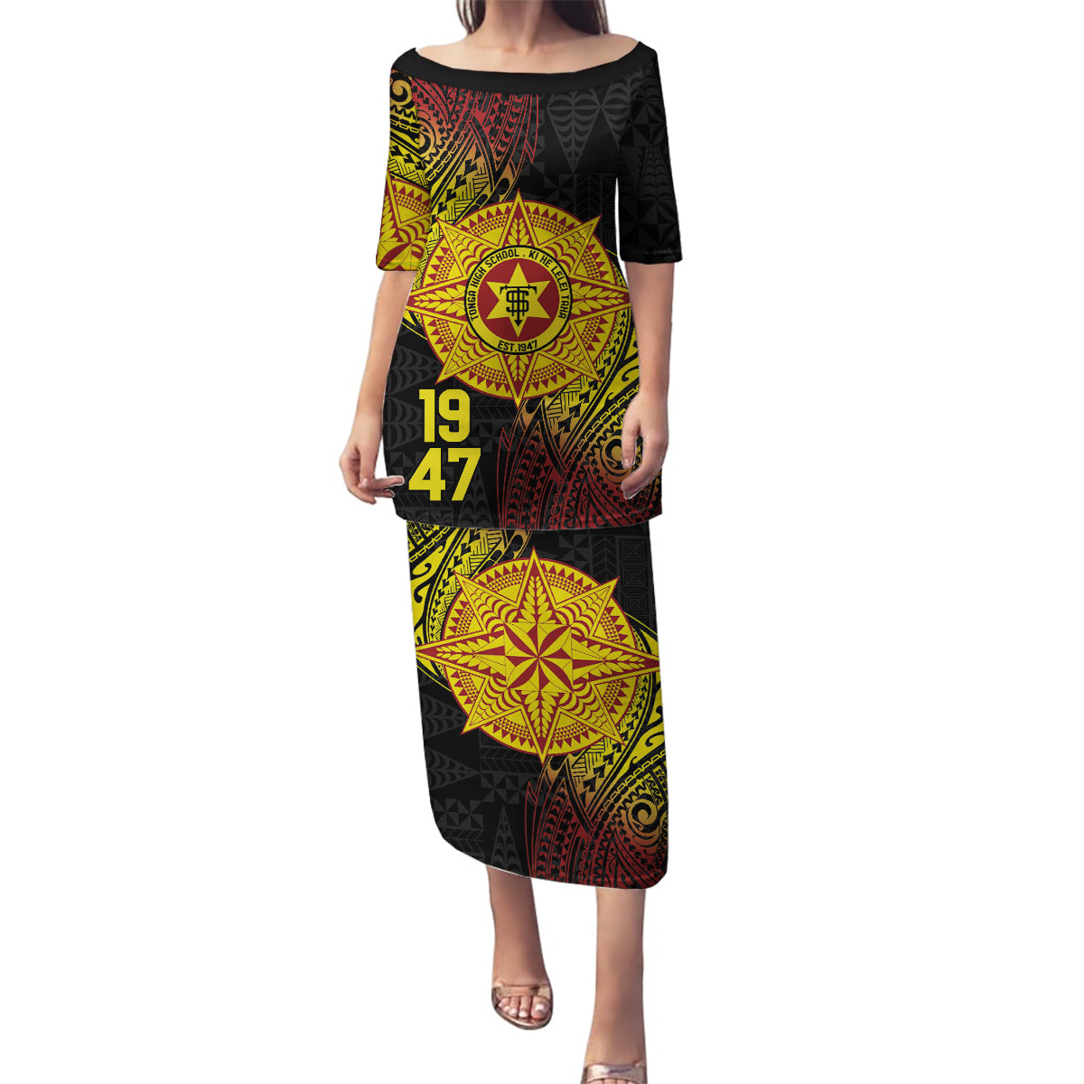 Personalised Tonga High School Family Matching Puletasi and Hawaiian Shirt Since 1947 Special Kupesi Pattern