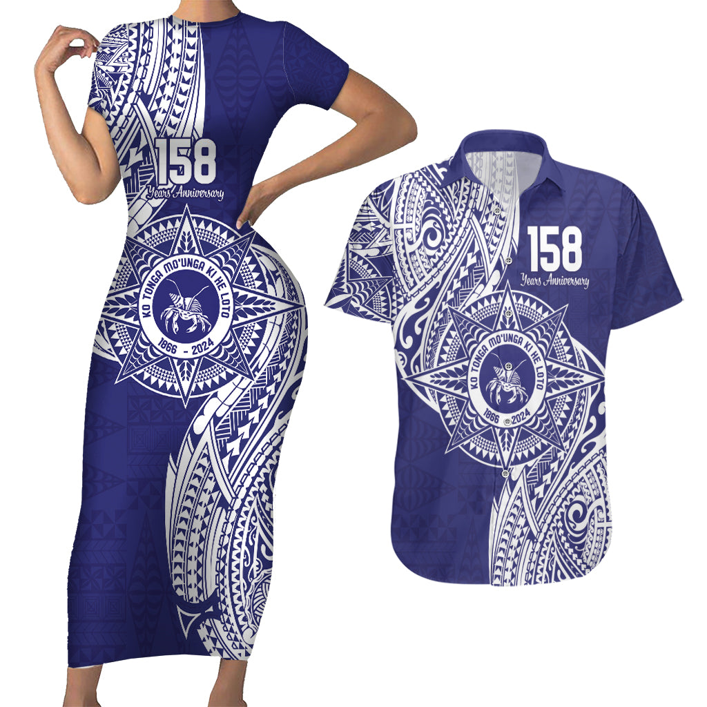 Personalised Tonga Tupou College Tolo 158th Anniversary Couples Matching Short Sleeve Bodycon Dress and Hawaiian Shirt Special Kupesi Pattern