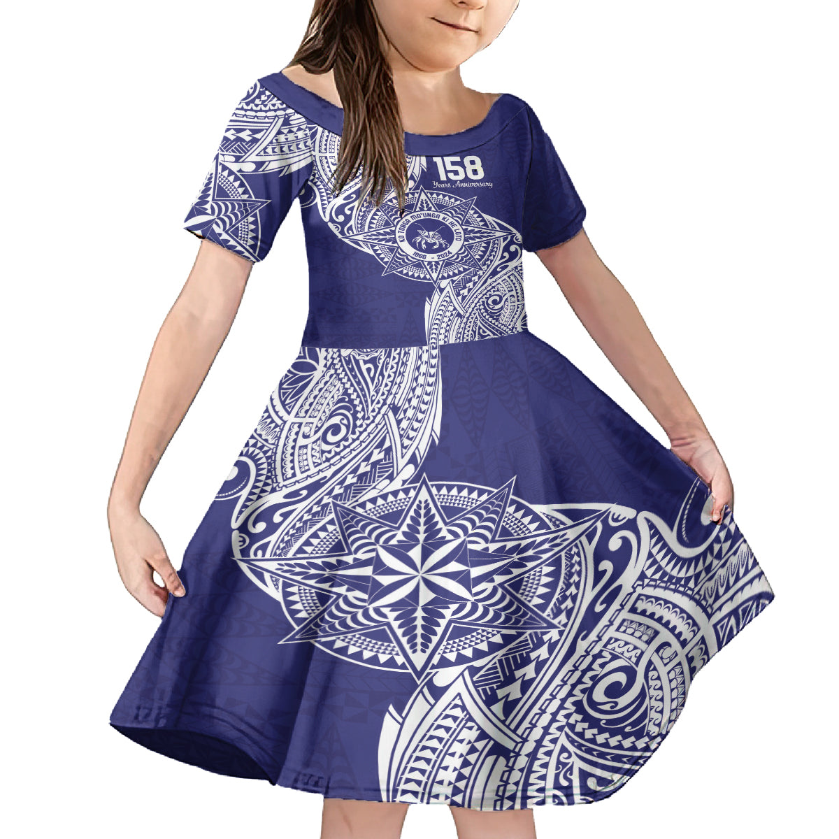 Personalised Tonga Tupou College Tolo 158th Anniversary Family Matching Puletasi and Hawaiian Shirt Special Kupesi Pattern LT9 Daughter's Dress Blue - Polynesian Pride