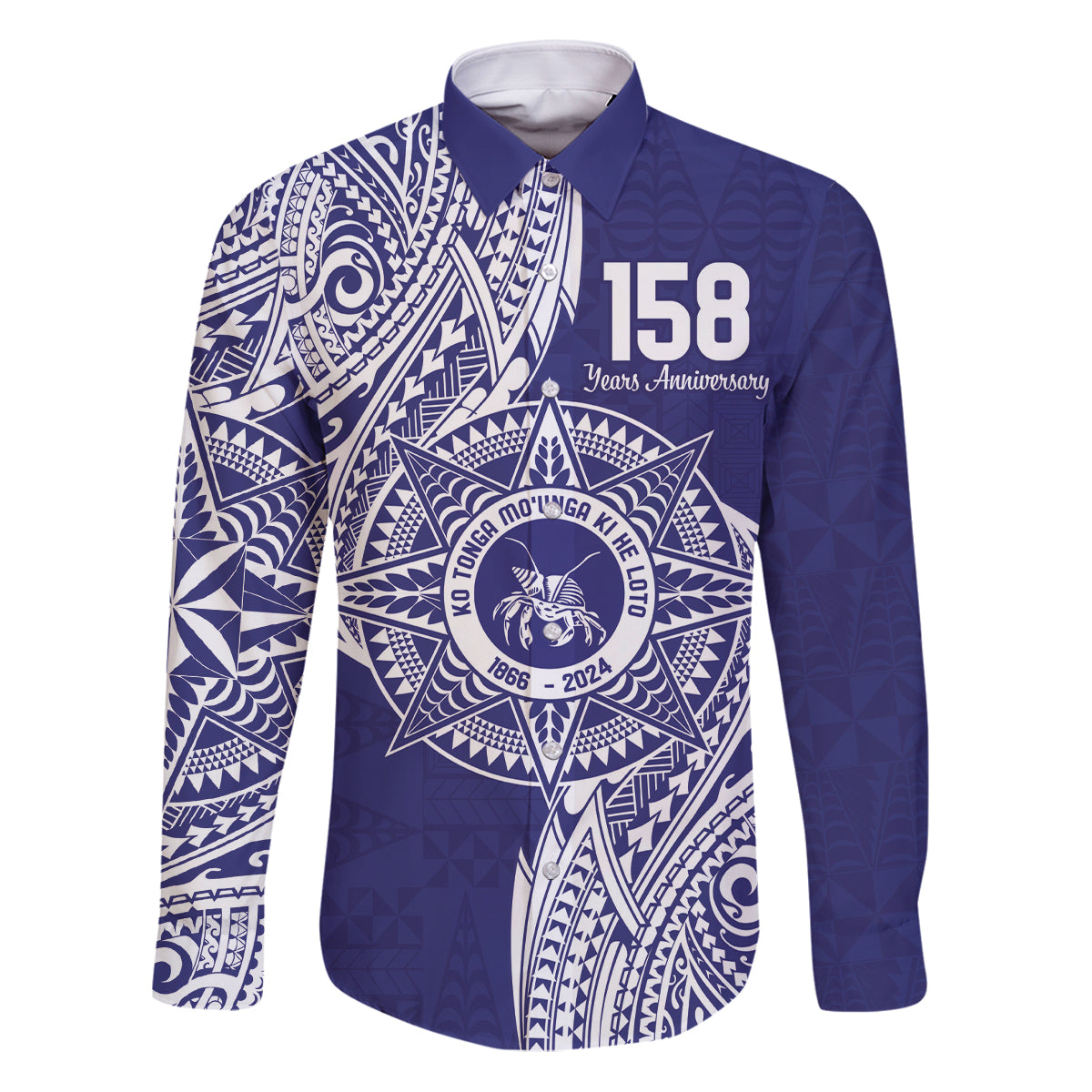 Personalised Tonga Tupou College Tolo 158th Anniversary Family Matching Puletasi and Hawaiian Shirt Special Kupesi Pattern LT9 Dad's Shirt - Long Sleeve Blue - Polynesian Pride