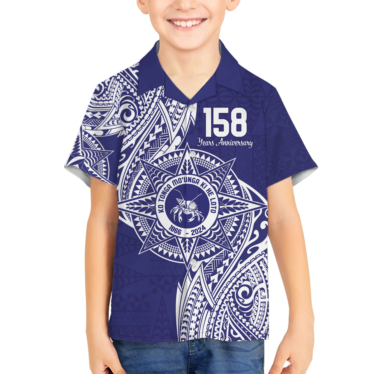 Personalised Tonga Tupou College Tolo 158th Anniversary Family Matching Puletasi and Hawaiian Shirt Special Kupesi Pattern LT9 Son's Shirt Blue - Polynesian Pride