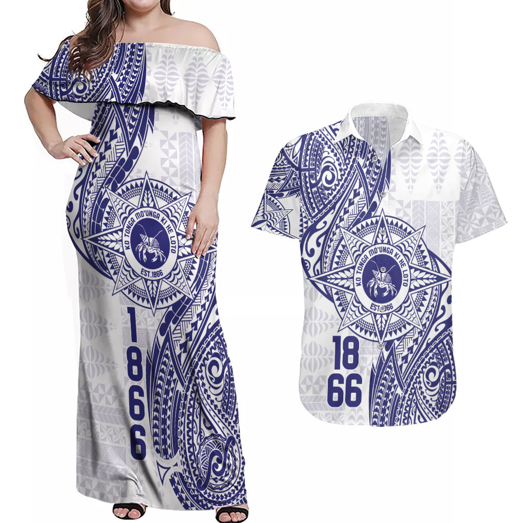 Personalised Tonga Tupou College Tolo Couples Matching Off Shoulder Maxi Dress and Hawaiian Shirt Since 1866 Special Kupesi Pattern