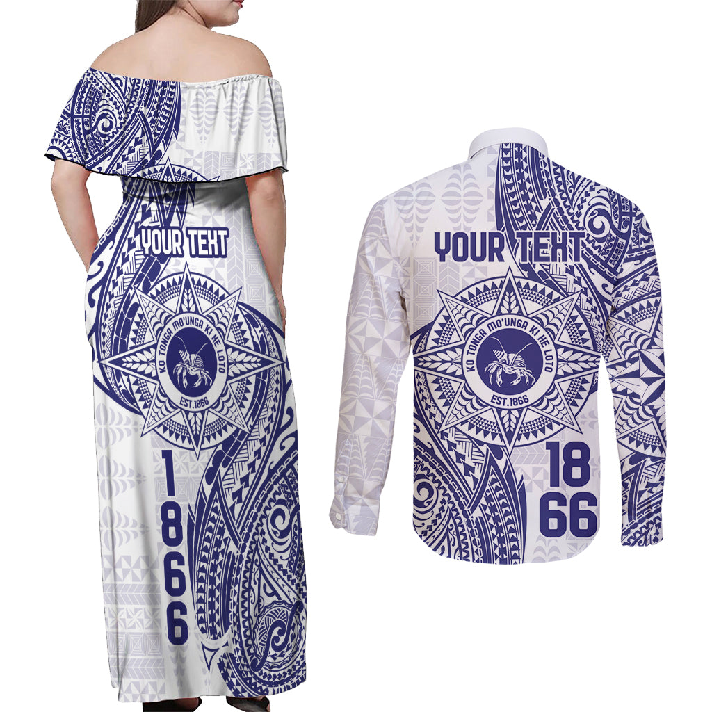 Personalised Tonga Tupou College Tolo Couples Matching Off Shoulder Maxi Dress and Long Sleeve Button Shirt Since 1866 Special Kupesi Pattern