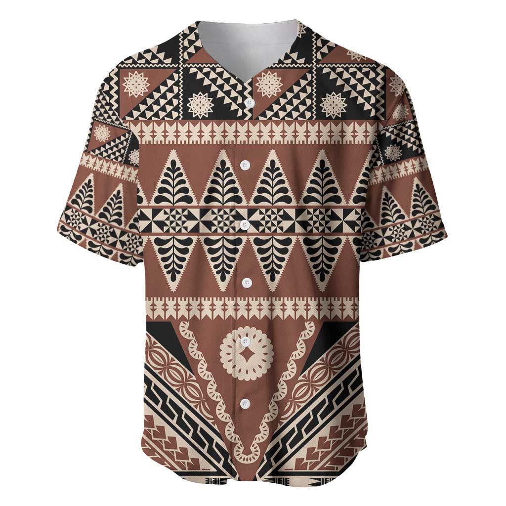 Vintage Bula Fiji Baseball Jersey Brown Tapa Masi Motif