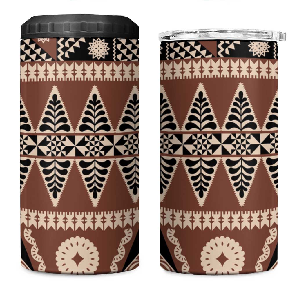 Vintage Bula Fiji 4 in 1 Can Cooler Tumbler Brown Tapa Masi Motif