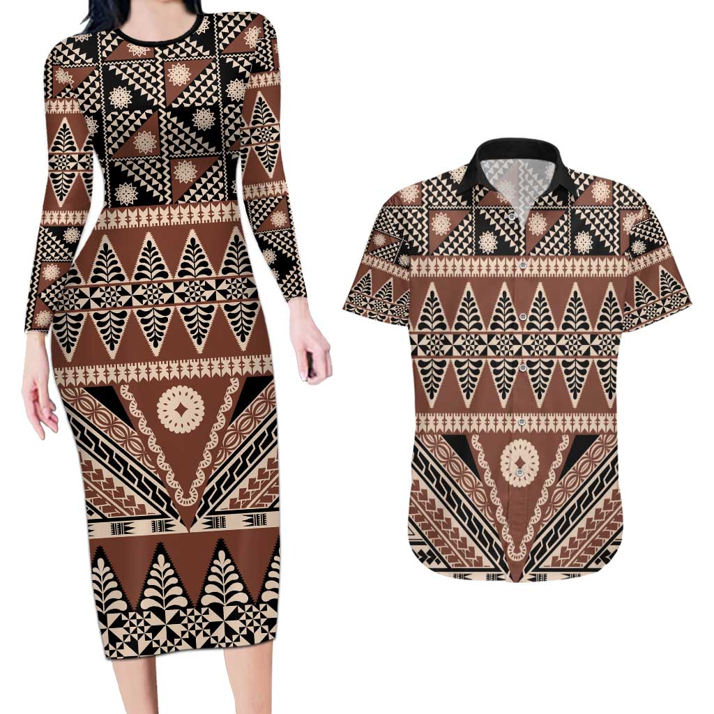 Vintage Bula Fiji Couples Matching Long Sleeve Bodycon Dress and Hawaiian Shirt Brown Tapa Masi Motif