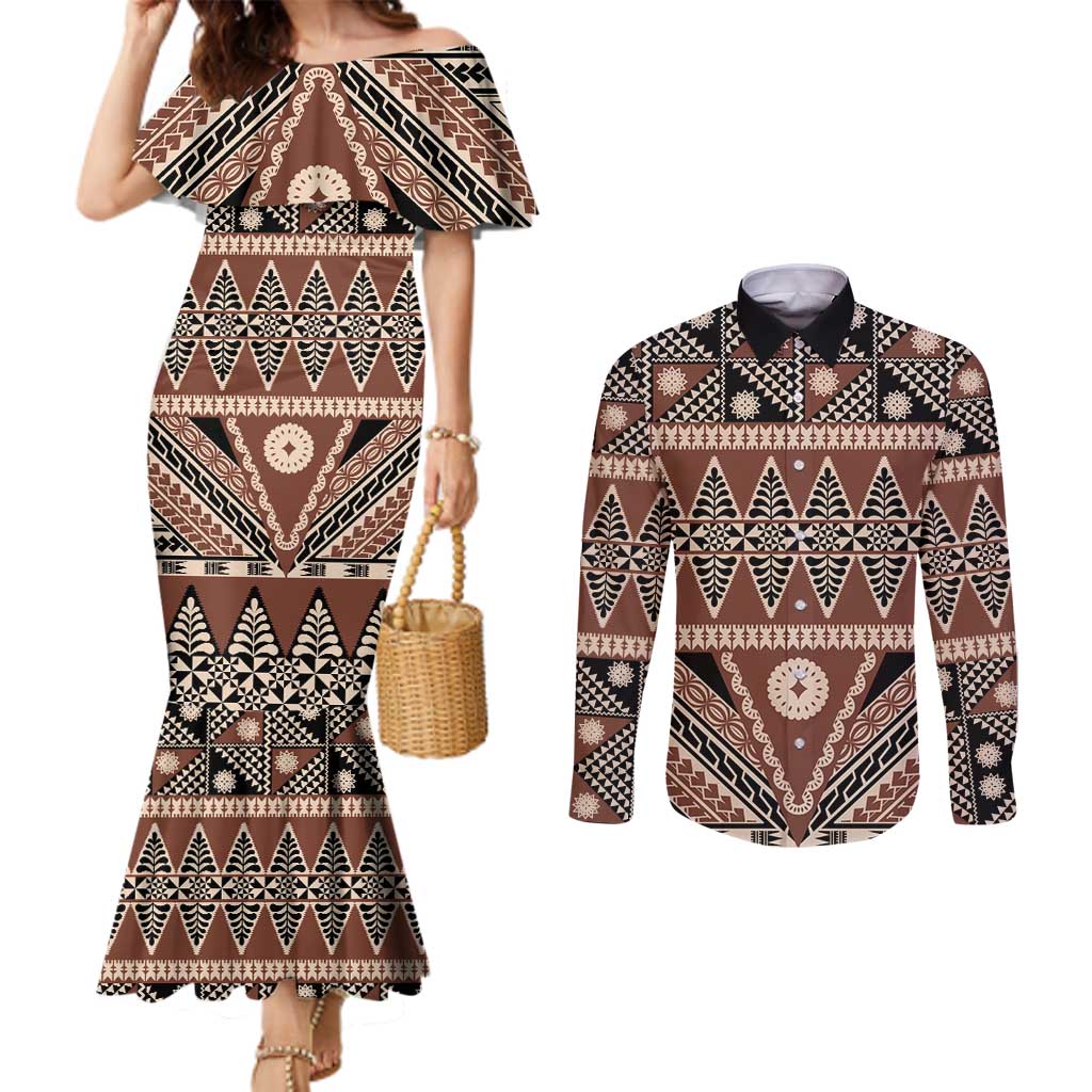 Vintage Bula Fiji Couples Matching Mermaid Dress and Long Sleeve Button Shirt Brown Tapa Masi Motif