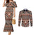 Vintage Bula Fiji Couples Matching Mermaid Dress and Long Sleeve Button Shirt Brown Tapa Masi Motif