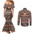 Vintage Bula Fiji Couples Matching Mermaid Dress and Long Sleeve Button Shirt Brown Tapa Masi Motif