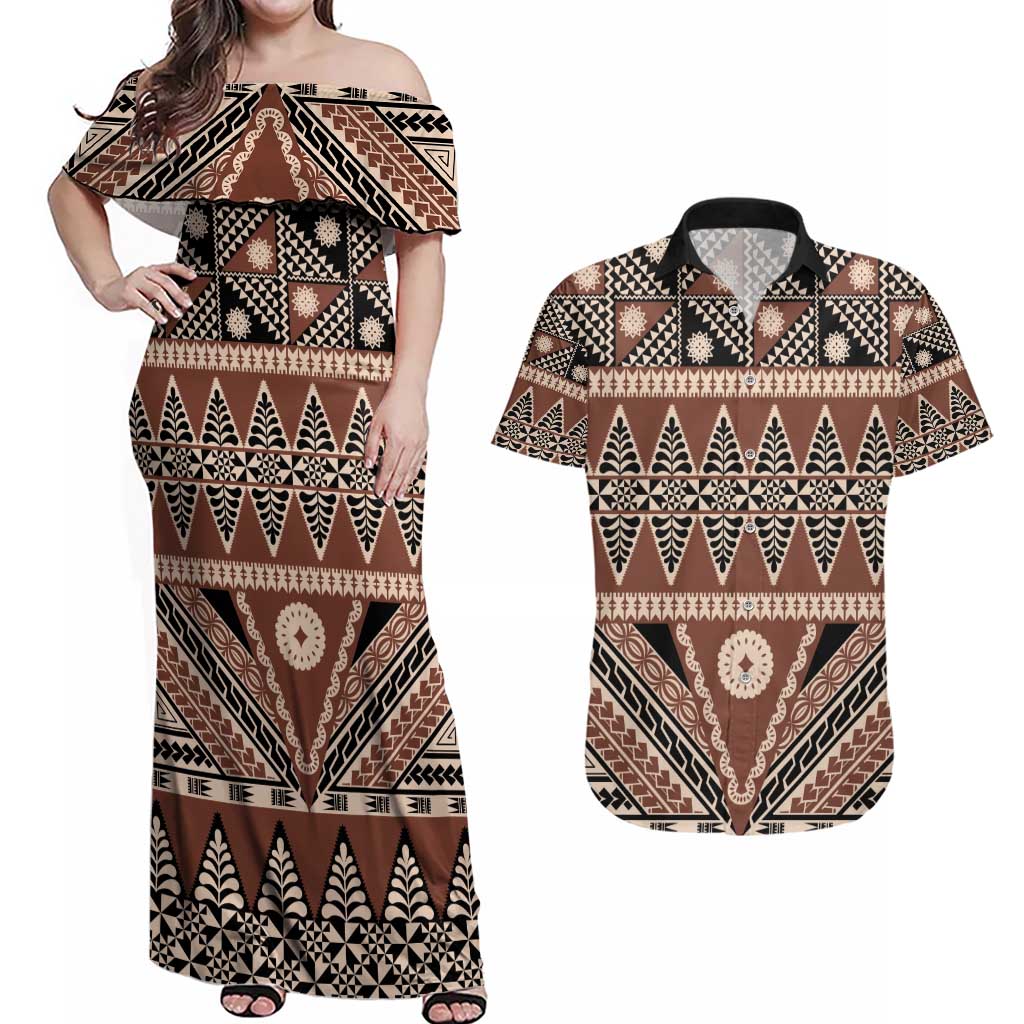 Vintage Bula Fiji Couples Matching Off Shoulder Maxi Dress and Hawaiian Shirt Brown Tapa Masi Motif