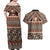 Vintage Bula Fiji Couples Matching Off Shoulder Maxi Dress and Hawaiian Shirt Brown Tapa Masi Motif