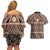 Vintage Bula Fiji Couples Matching Off Shoulder Short Dress and Hawaiian Shirt Brown Tapa Masi Motif
