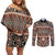 Vintage Bula Fiji Couples Matching Off Shoulder Short Dress and Long Sleeve Button Shirt Brown Tapa Masi Motif
