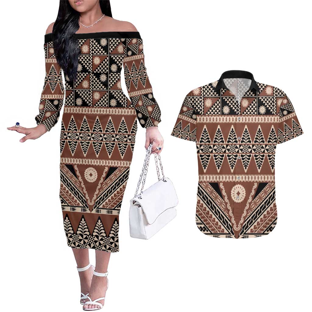 Vintage Bula Fiji Couples Matching Off The Shoulder Long Sleeve Dress and Hawaiian Shirt Brown Tapa Masi Motif