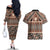Vintage Bula Fiji Couples Matching Off The Shoulder Long Sleeve Dress and Hawaiian Shirt Brown Tapa Masi Motif