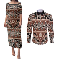Vintage Bula Fiji Couples Matching Puletasi and Long Sleeve Button Shirt Brown Tapa Masi Motif
