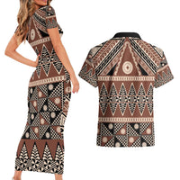 Vintage Bula Fiji Couples Matching Short Sleeve Bodycon Dress and Hawaiian Shirt Brown Tapa Masi Motif