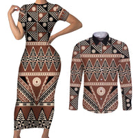 Vintage Bula Fiji Couples Matching Short Sleeve Bodycon Dress and Long Sleeve Button Shirt Brown Tapa Masi Motif