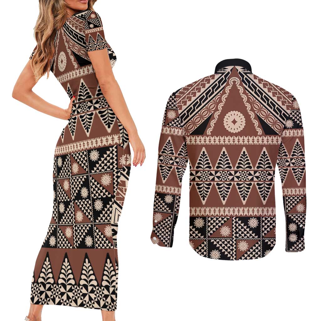 Vintage Bula Fiji Couples Matching Short Sleeve Bodycon Dress and Long Sleeve Button Shirt Brown Tapa Masi Motif