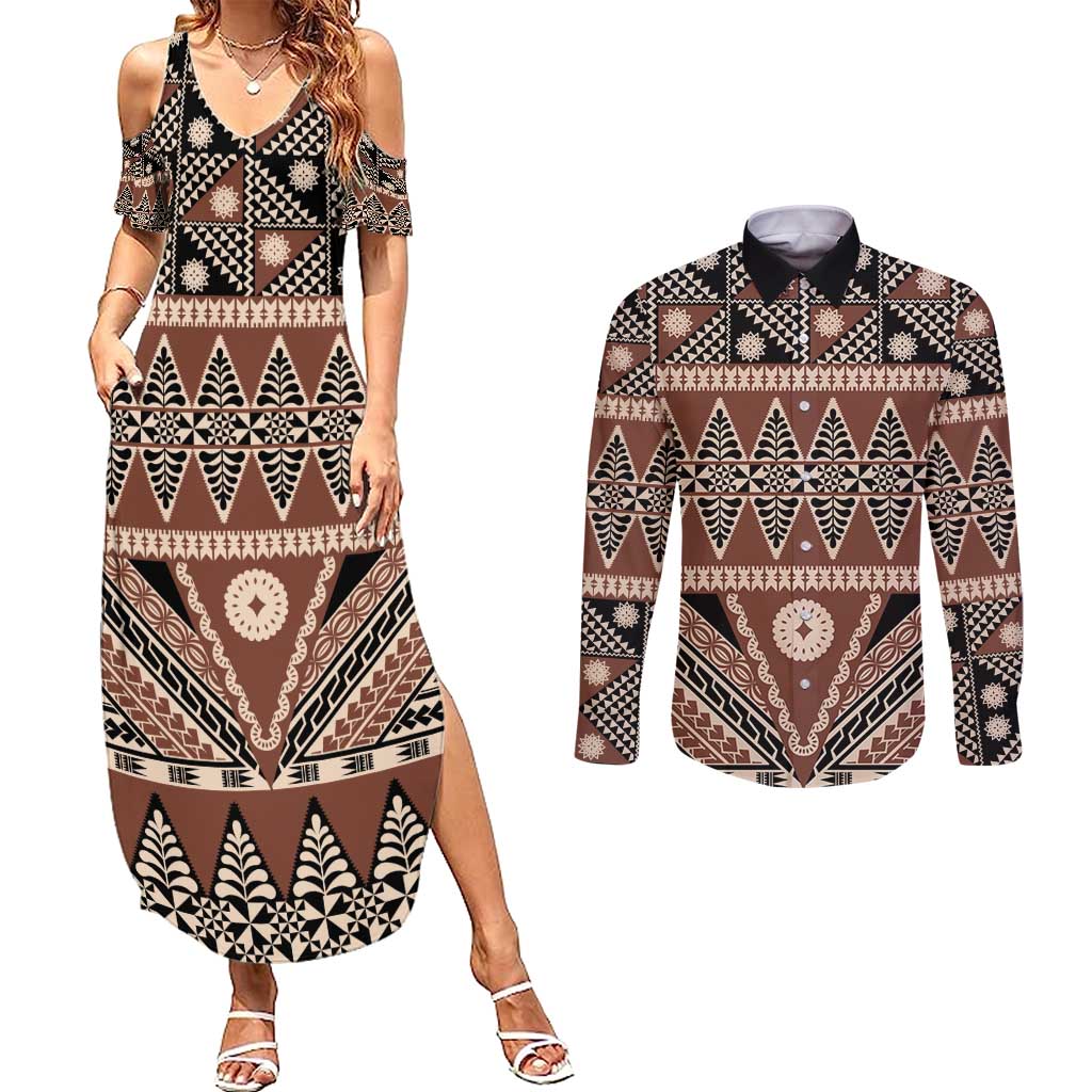 Vintage Bula Fiji Couples Matching Summer Maxi Dress and Long Sleeve Button Shirt Brown Tapa Masi Motif