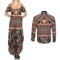 Vintage Bula Fiji Couples Matching Summer Maxi Dress and Long Sleeve Button Shirt Brown Tapa Masi Motif