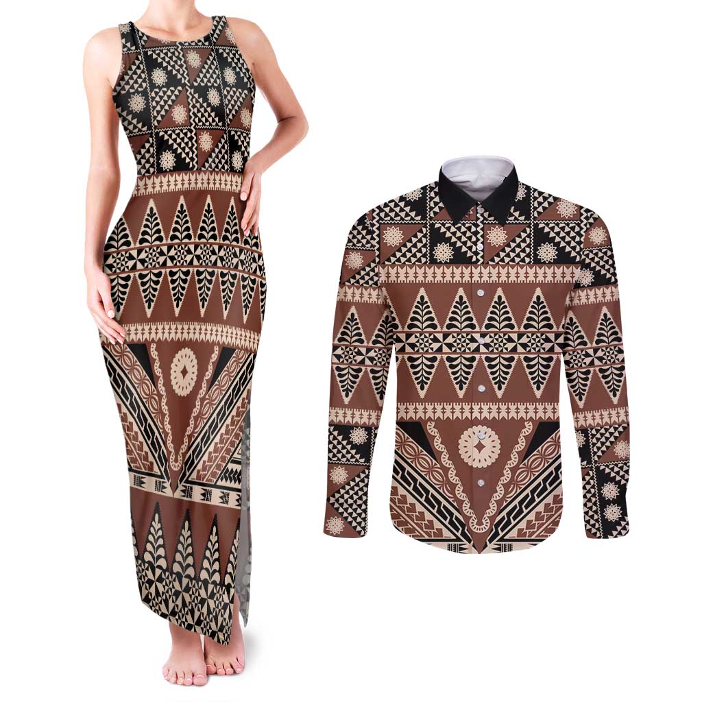 Vintage Bula Fiji Couples Matching Tank Maxi Dress and Long Sleeve Button Shirt Brown Tapa Masi Motif