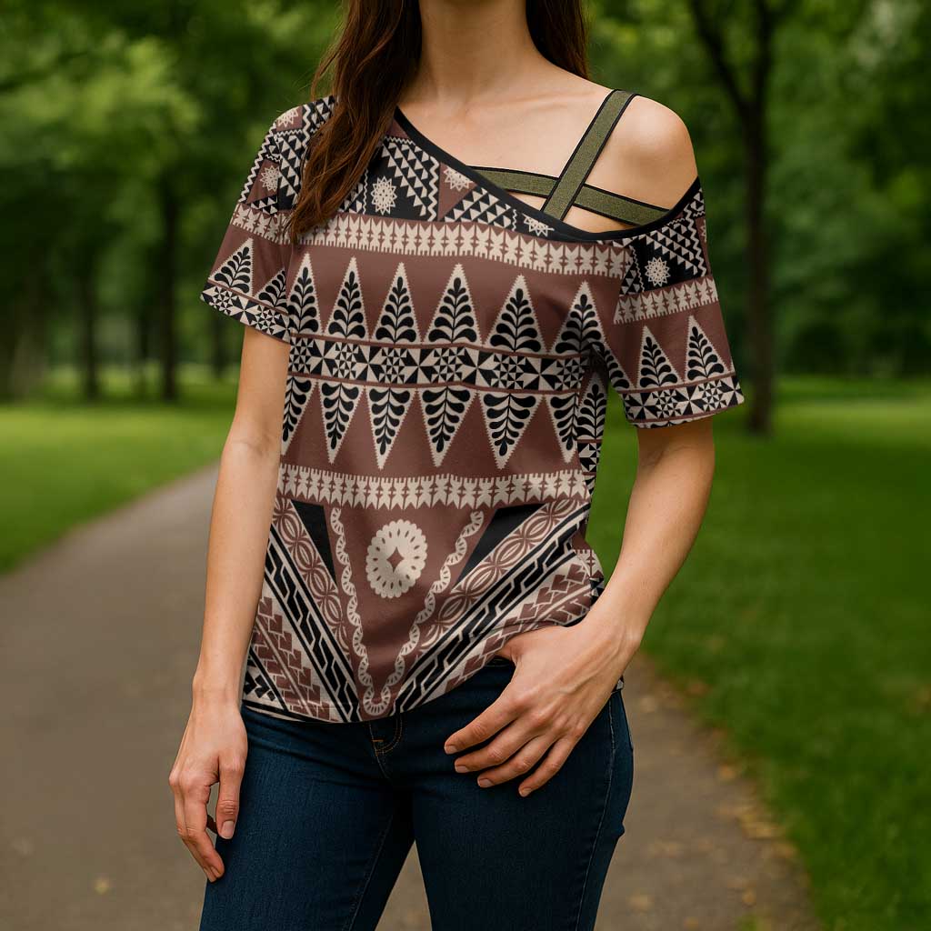 Vintage Bula Fiji Cross Shoulder Shirt Brown Tapa Masi Motif - Polynesian Pride