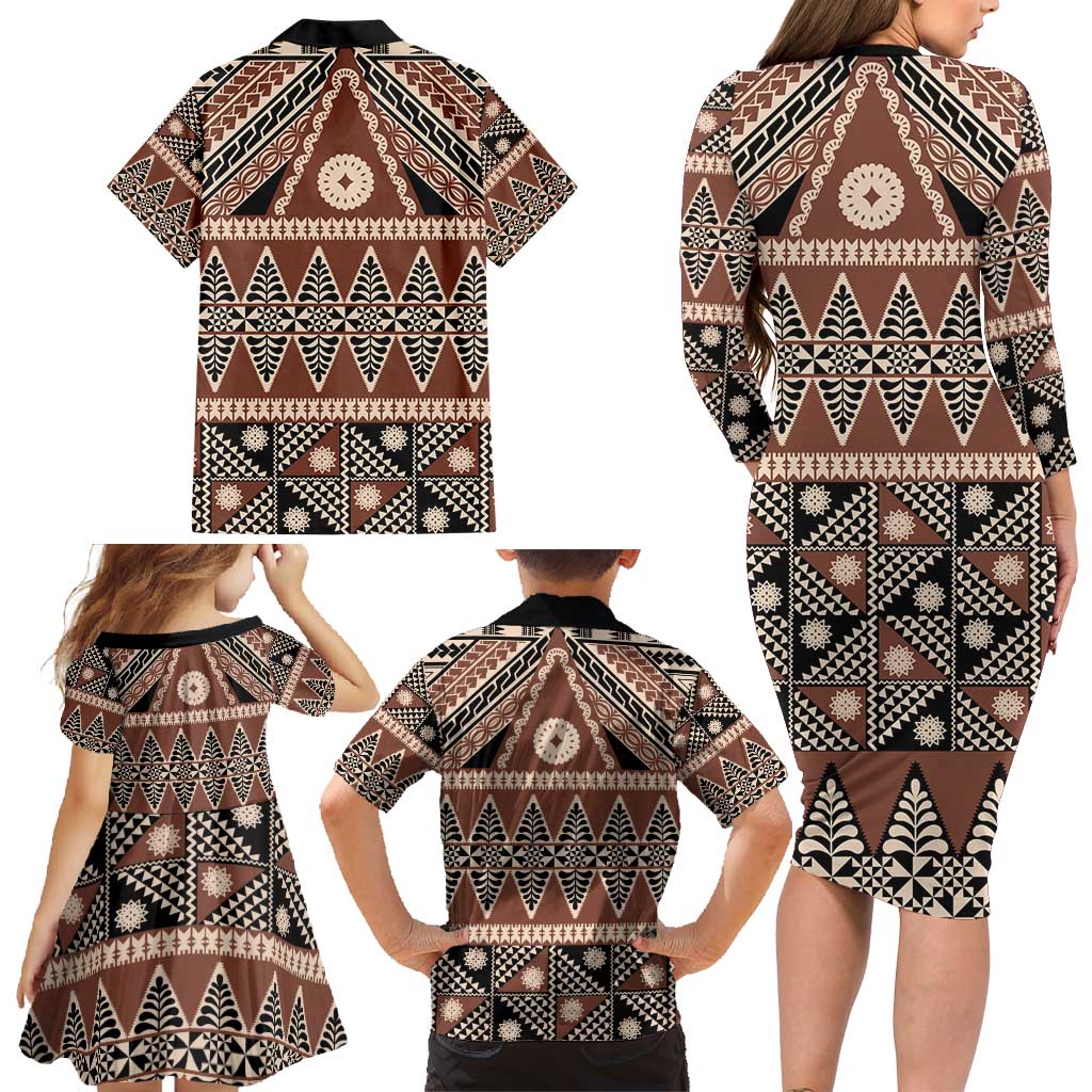Vintage Bula Fiji Family Matching Long Sleeve Bodycon Dress and Hawaiian Shirt Brown Tapa Masi Motif