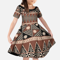 Vintage Bula Fiji Family Matching Off The Shoulder Long Sleeve Dress and Hawaiian Shirt Brown Tapa Masi Motif