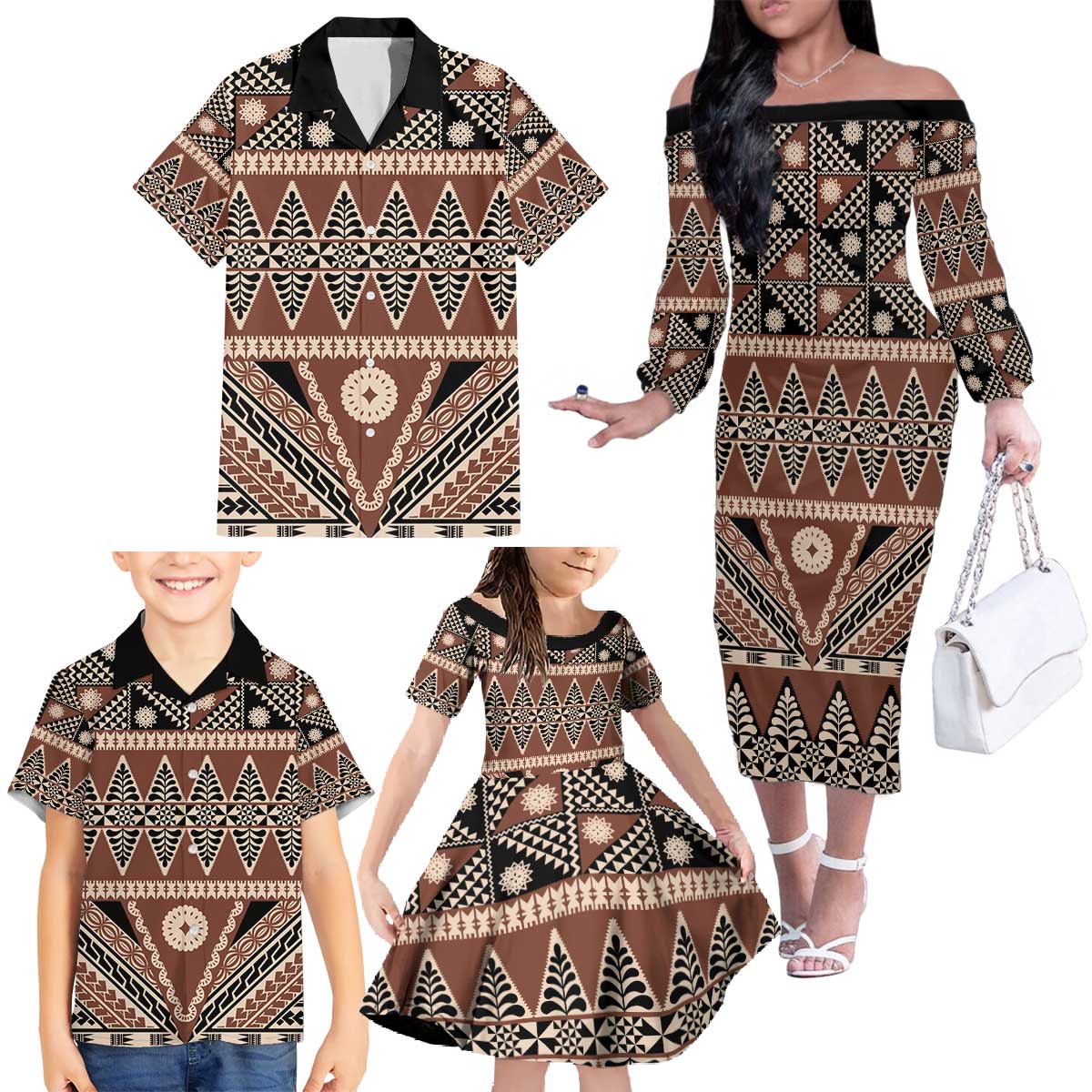 Vintage Bula Fiji Family Matching Off The Shoulder Long Sleeve Dress and Hawaiian Shirt Brown Tapa Masi Motif