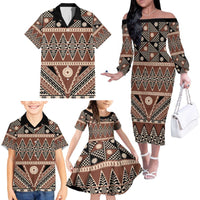 Vintage Bula Fiji Family Matching Off The Shoulder Long Sleeve Dress and Hawaiian Shirt Brown Tapa Masi Motif