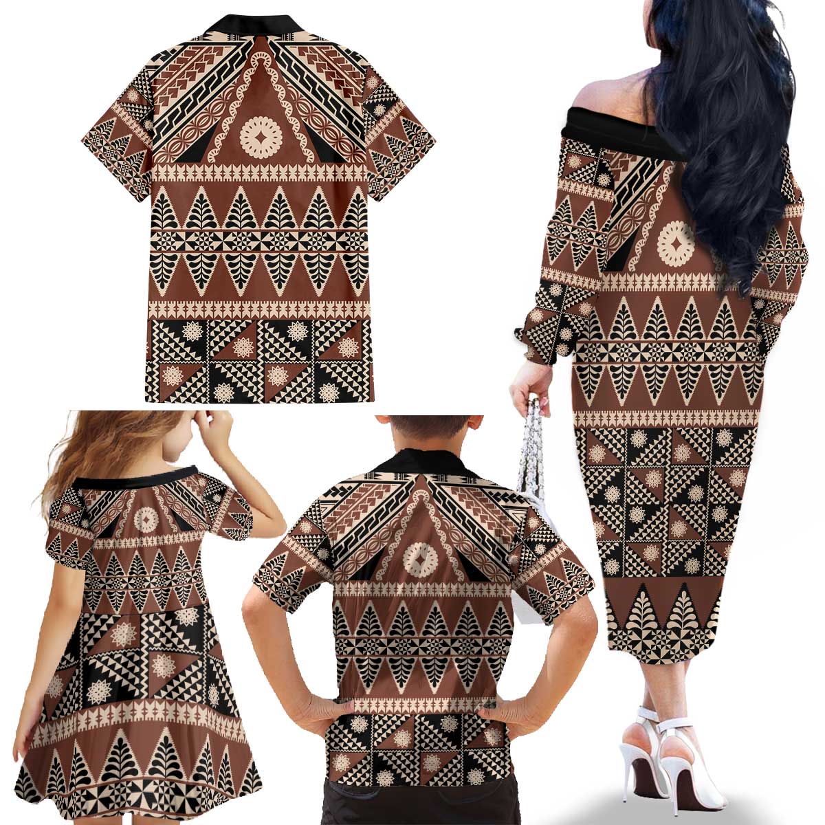 Vintage Bula Fiji Family Matching Off The Shoulder Long Sleeve Dress and Hawaiian Shirt Brown Tapa Masi Motif