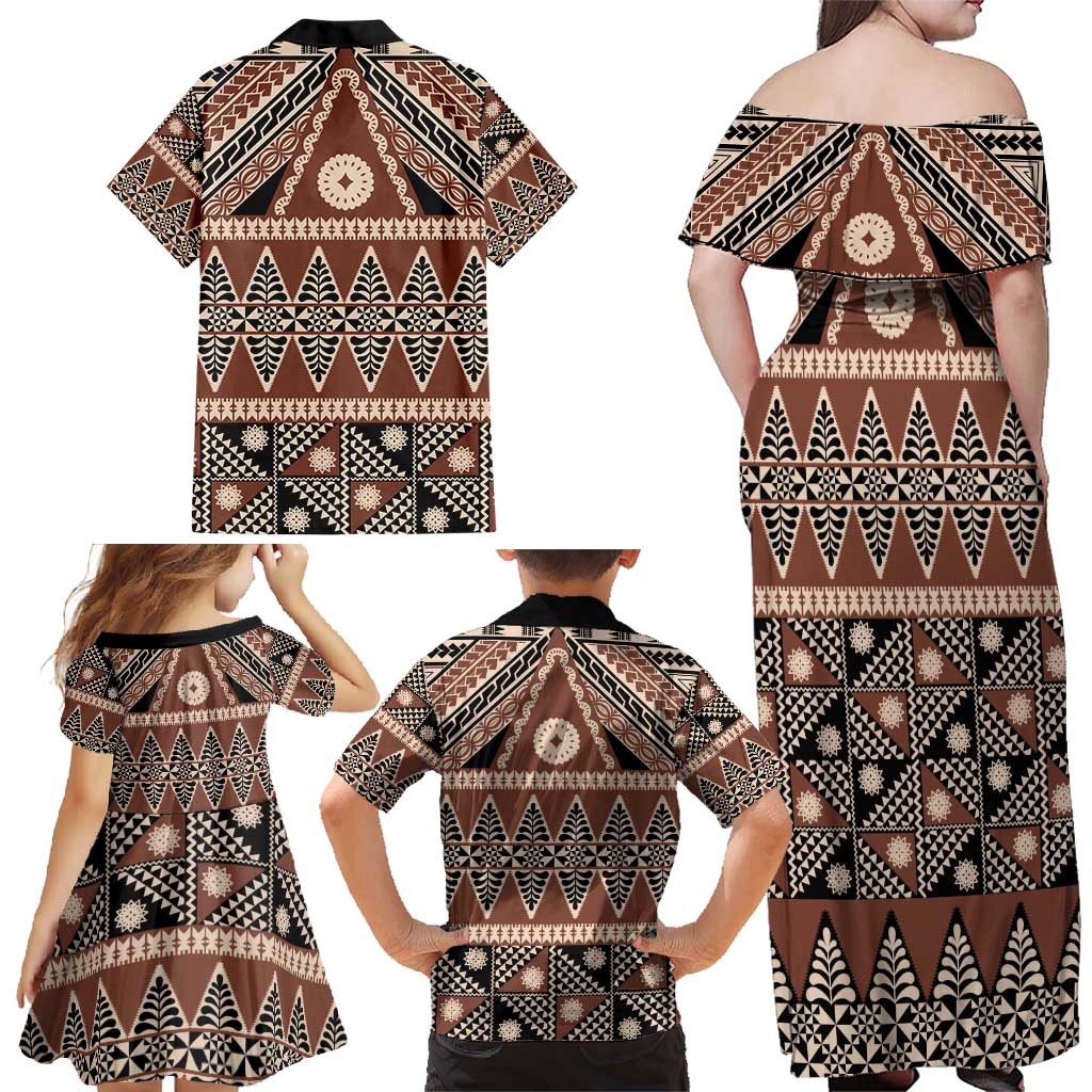 Vintage Bula Fiji Family Matching Off Shoulder Maxi Dress and Hawaiian Shirt Brown Tapa Masi Motif
